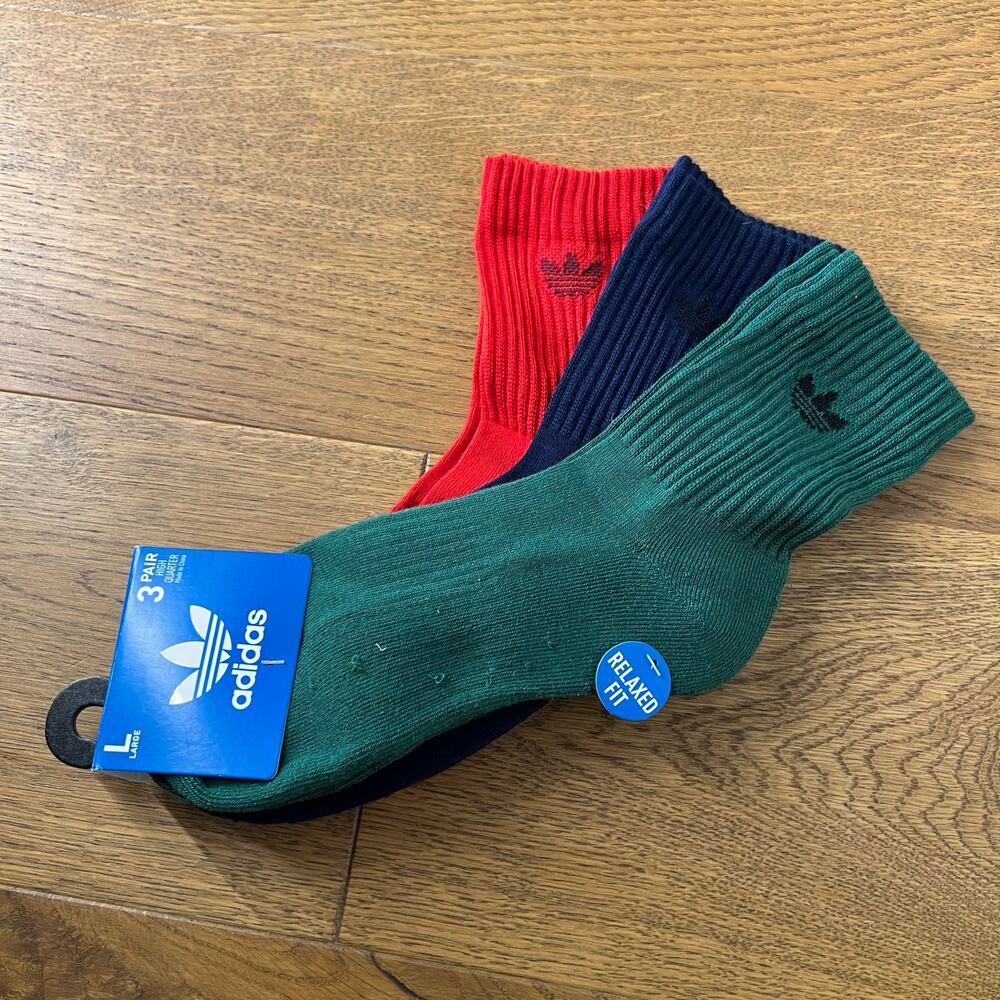 NWT Adidas Originals Trefoil Socks Mens Large 3 Pack High Quarter Green Blue Red